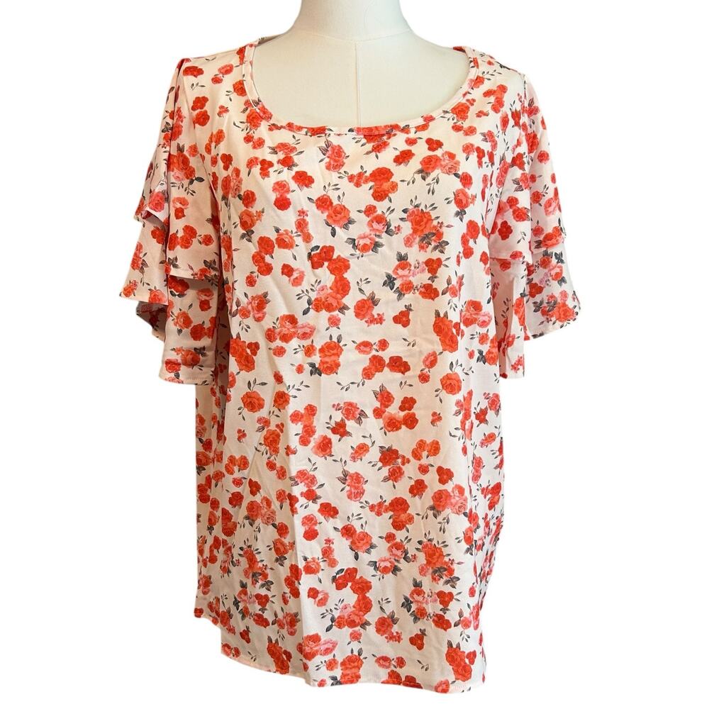 Floral Top XL Cream Orange Short Sleeve Flutter Soft Silk Coquette Feminine Boho